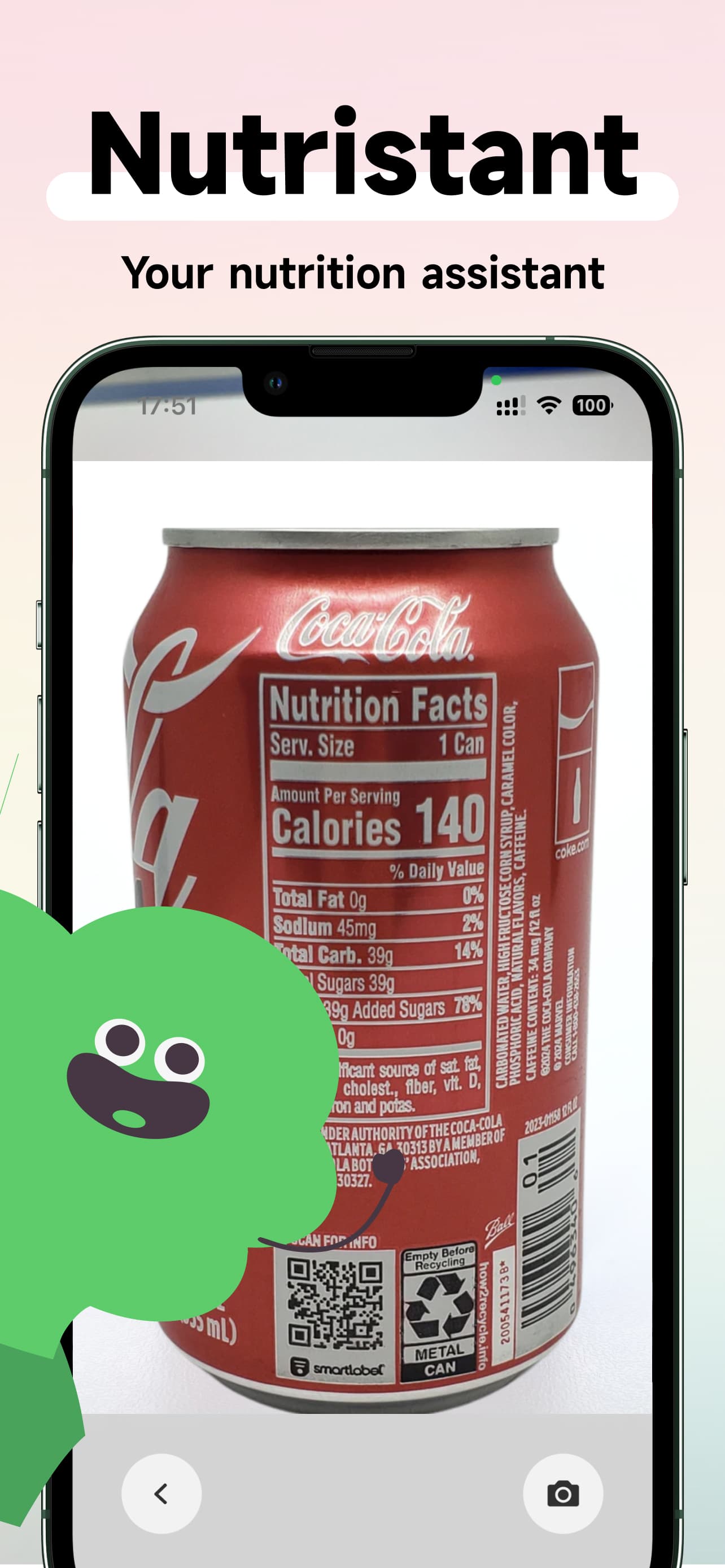 Nutristant AI ingredient scanner app showing allergen detection on a food label